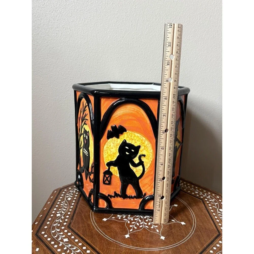 Vintage Spooky Hollow 11” Halloween Cookie Jar Witch Black Cat Owl Orange Black